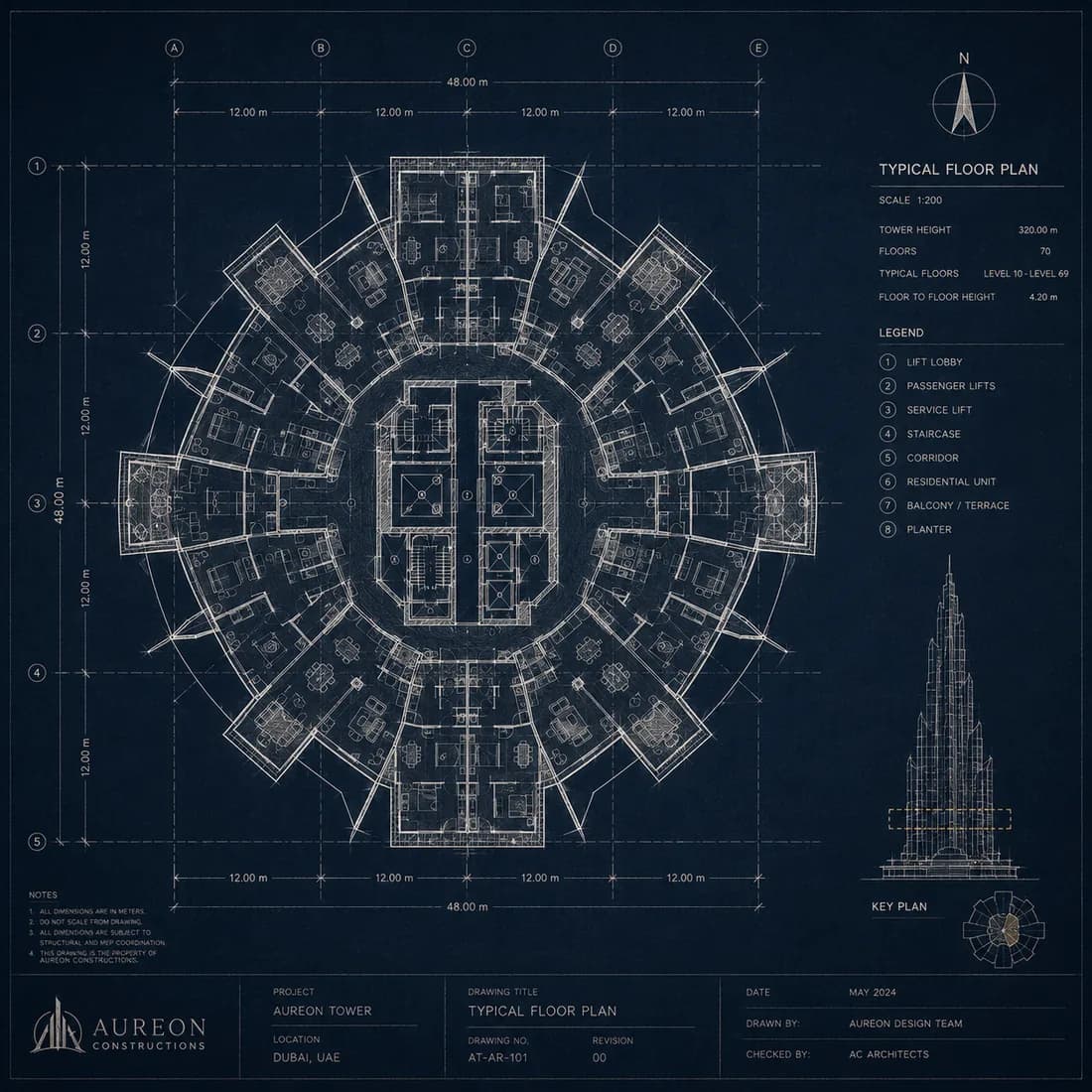Typical floor plan of Aureon Tower, drawn at 1:200