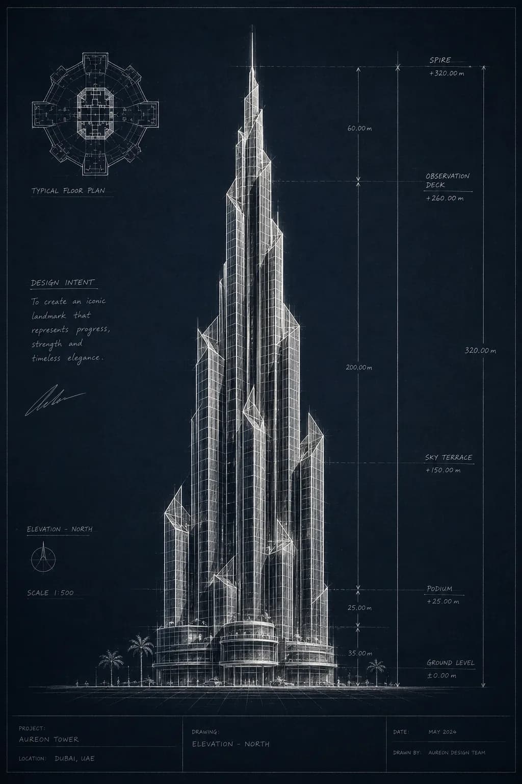 The Aureon Tower drawing resolving from concept into built form