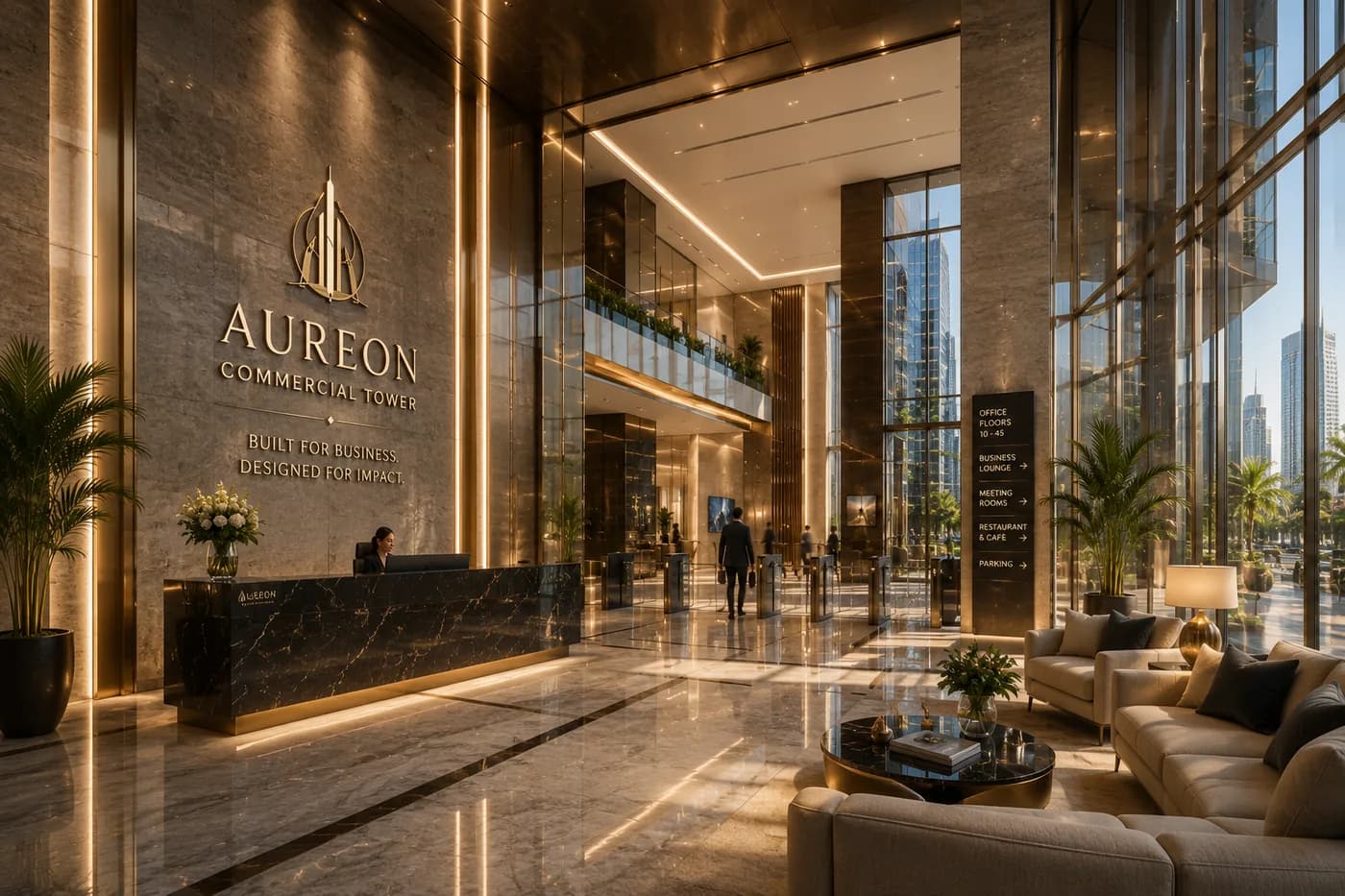 The double-height lobby, light falling across stone