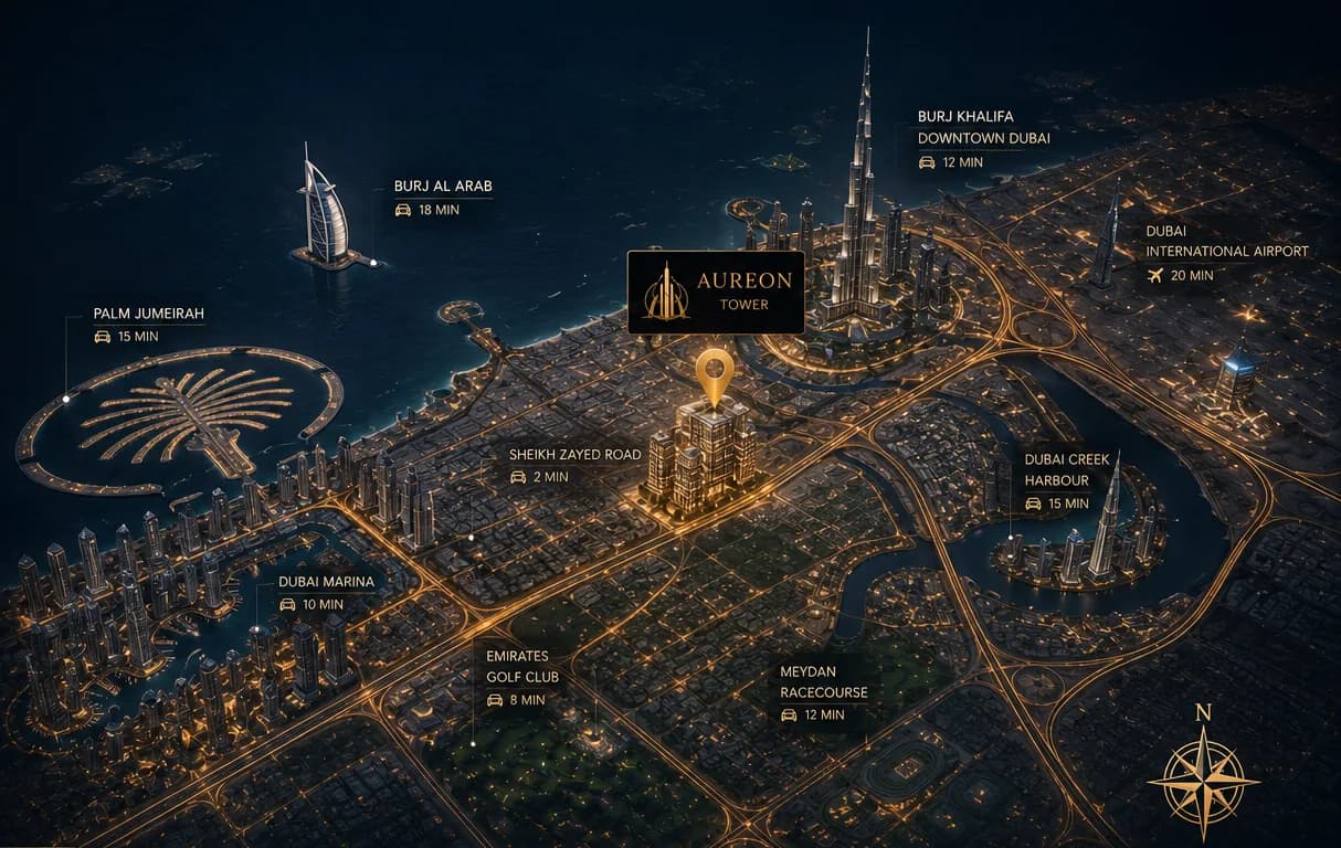 Stylised map of Dubai showing the coastline, main arteries and districts