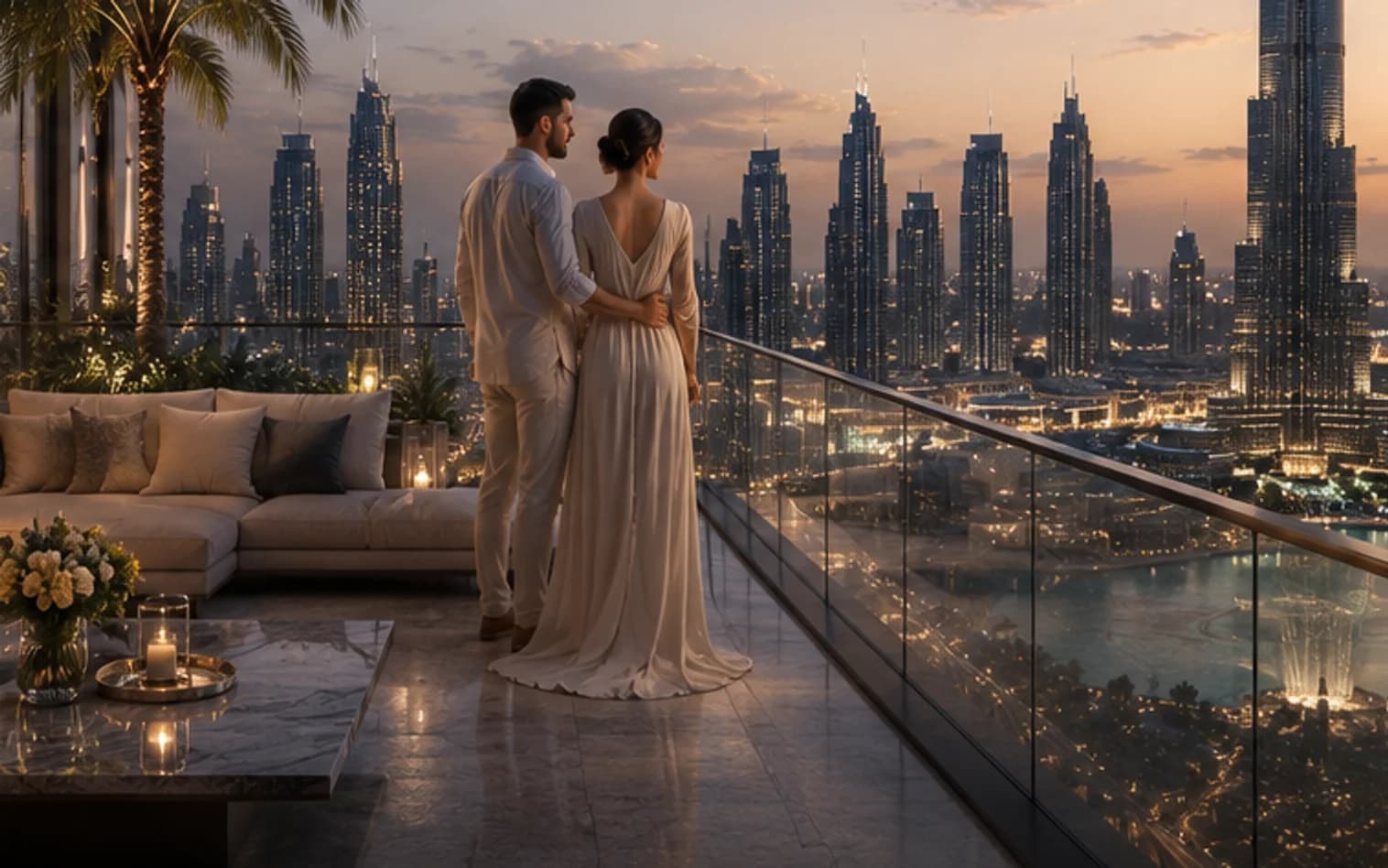 A couple on a residential terrace above the skyline at dusk