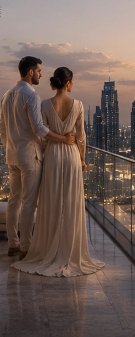 A couple on a residential terrace above the skyline at dusk