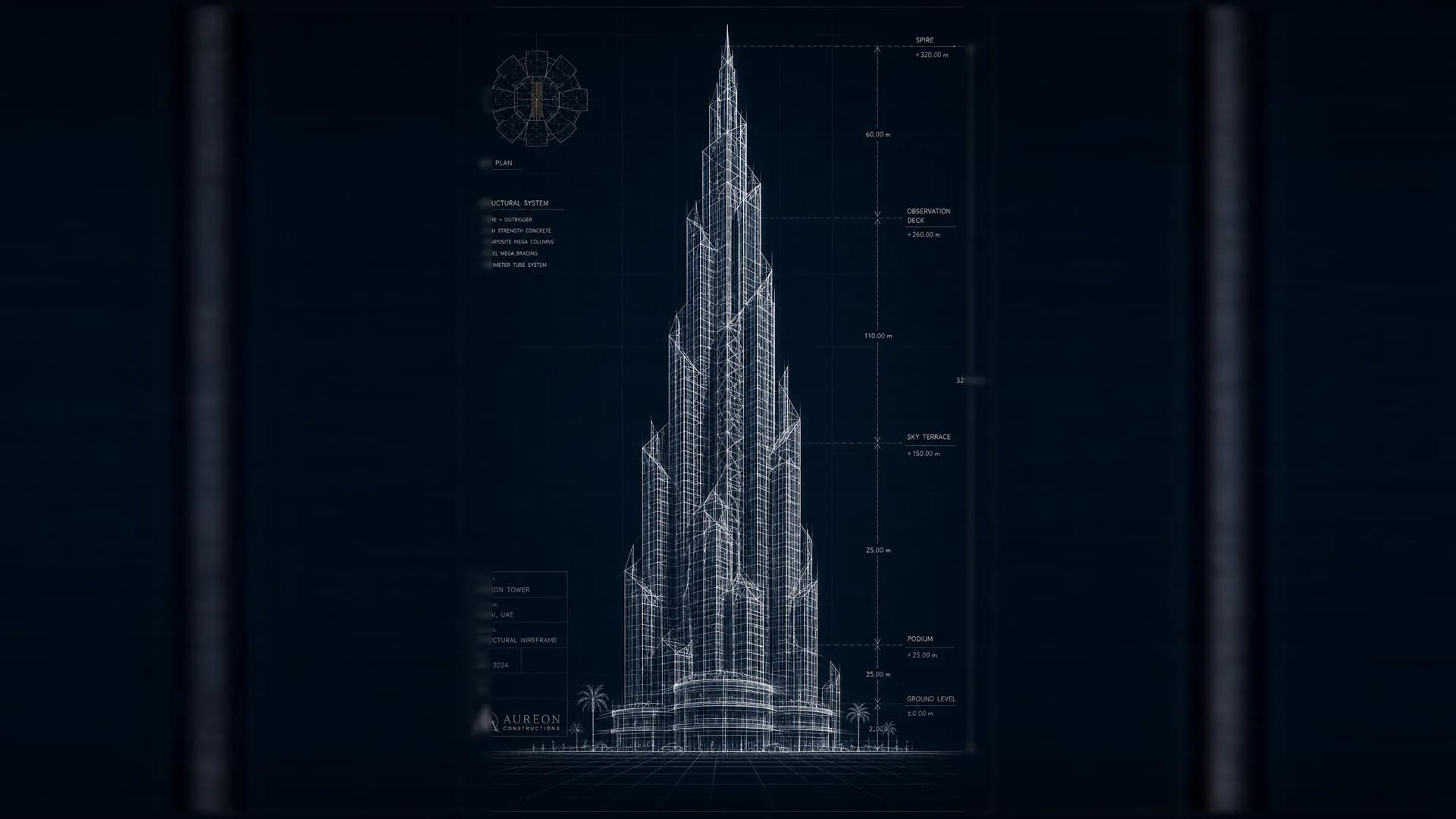 Aureon Tower as engineered: the wireframe, its geometry and structure