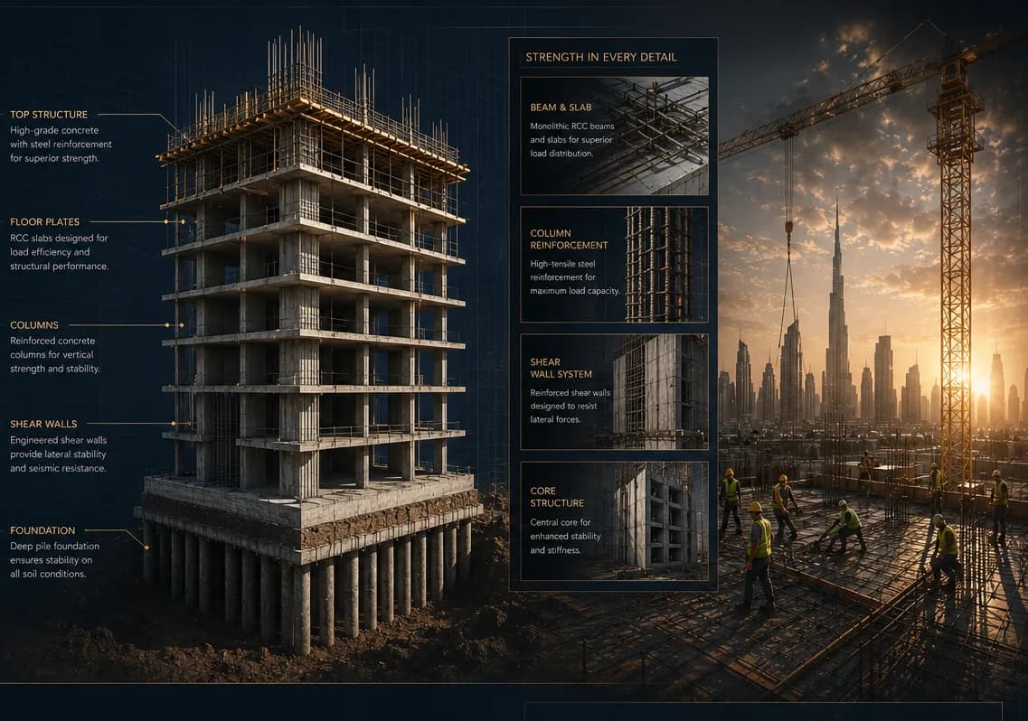 Structure: A floor every four days. The core climbs ahead of the slabs.